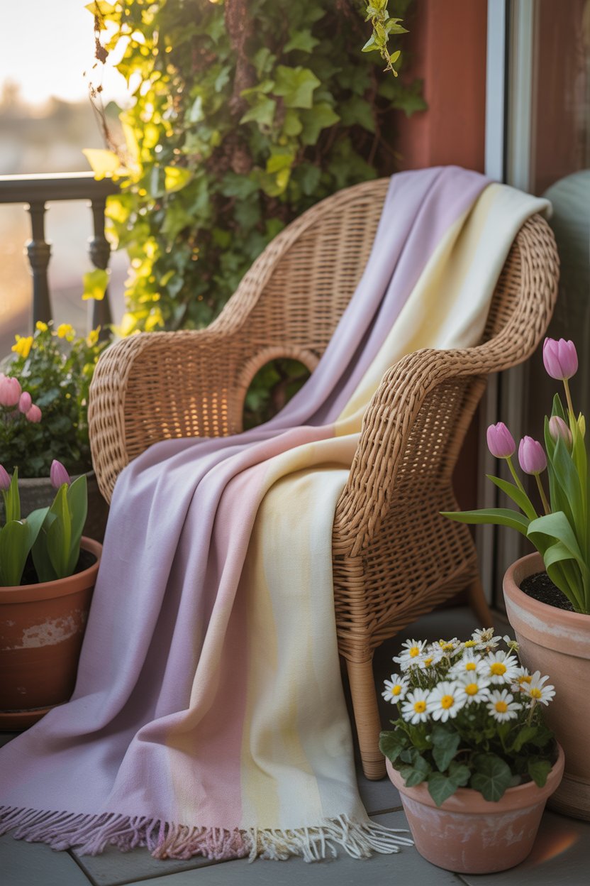 Cozy balcony with throw blanket and spring flowers
