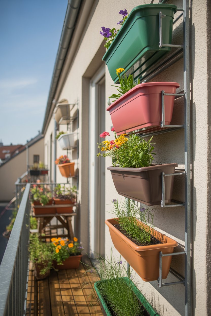 Vertical wall planters on a small balcony with colorful spring flowers