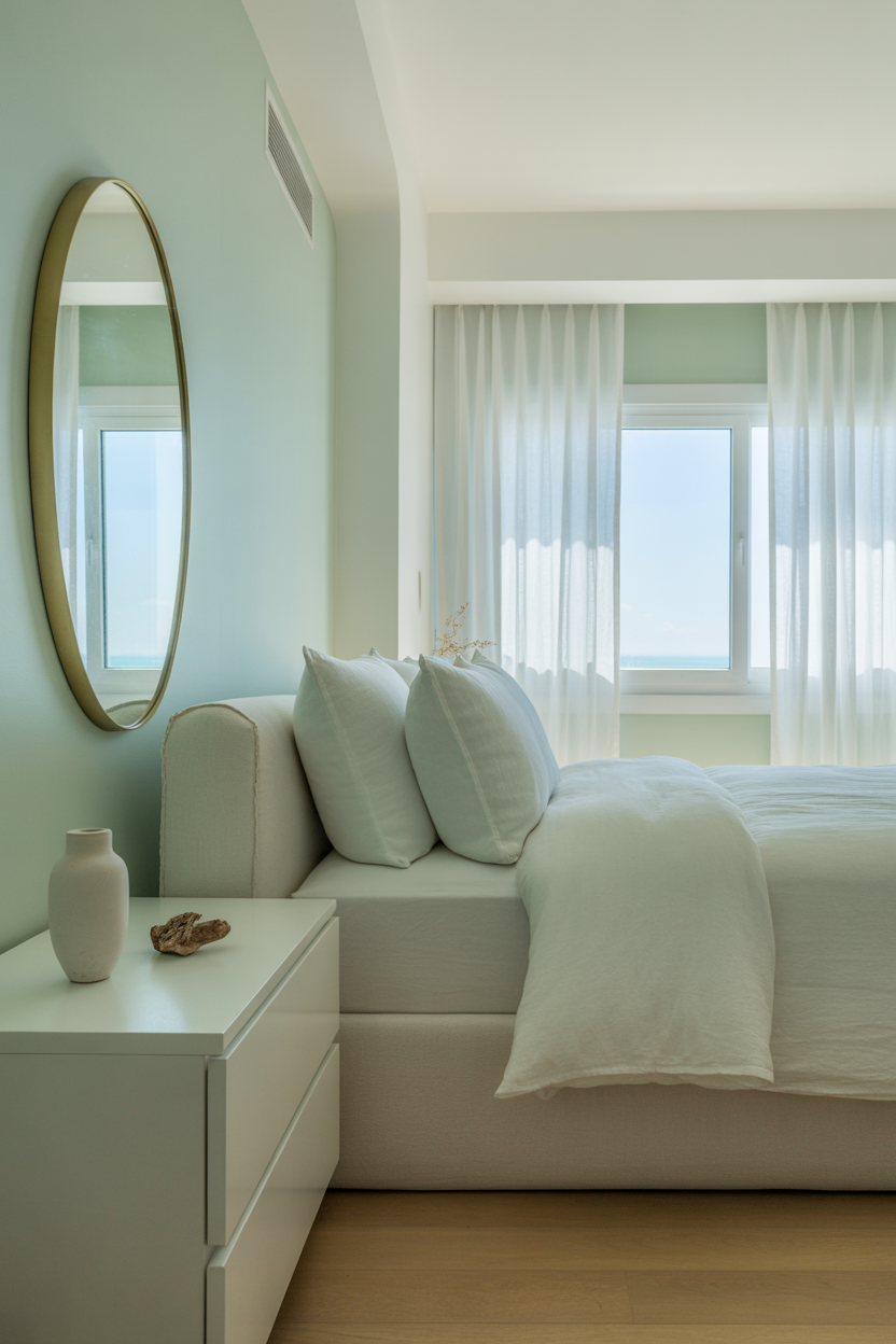 Small coastal bedroom with light and airy design