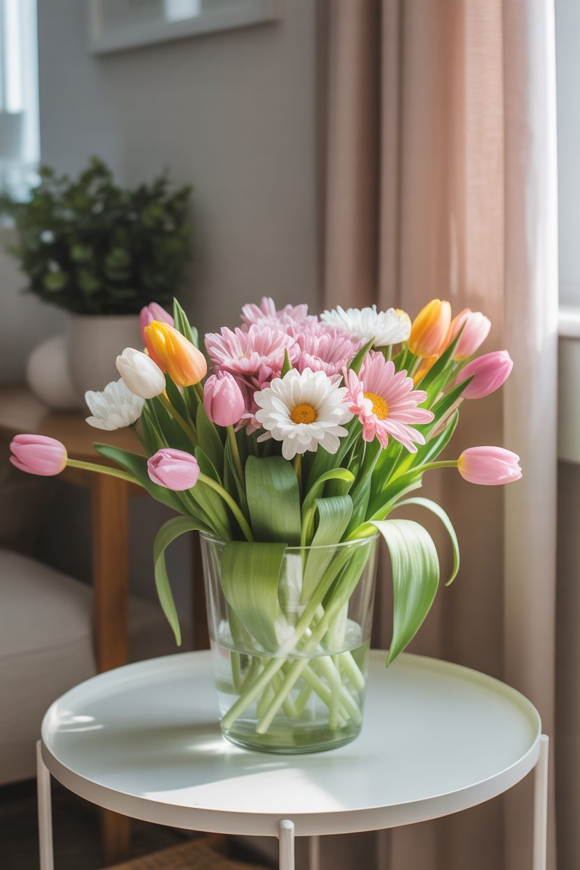 small entryway table with fresh spring flowers in a vase