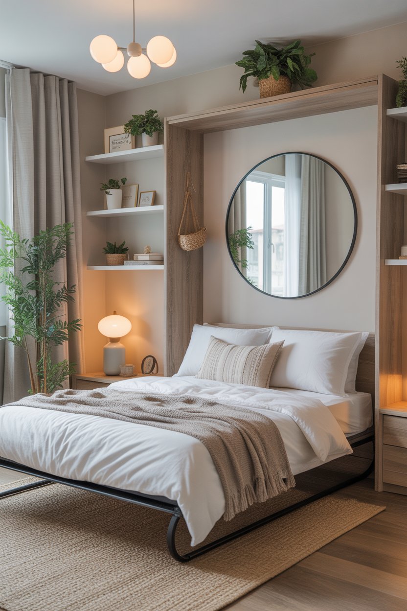 Small guest bedroom with space-saving Murphy bed, floating shelves, and large mirror