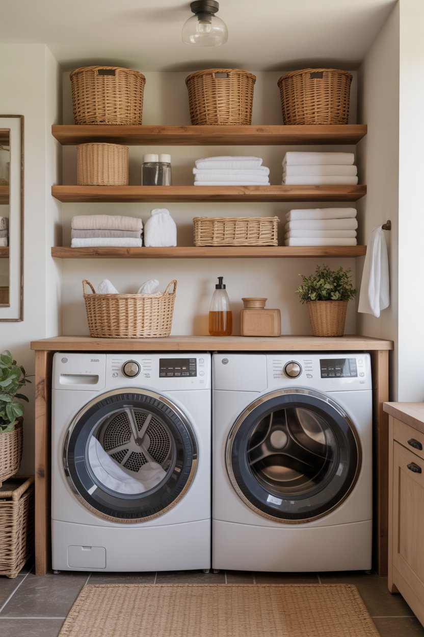 Floating shelves above the washer and dryer, storing jars, baskets, and folded towels in a small, organized laundry room.