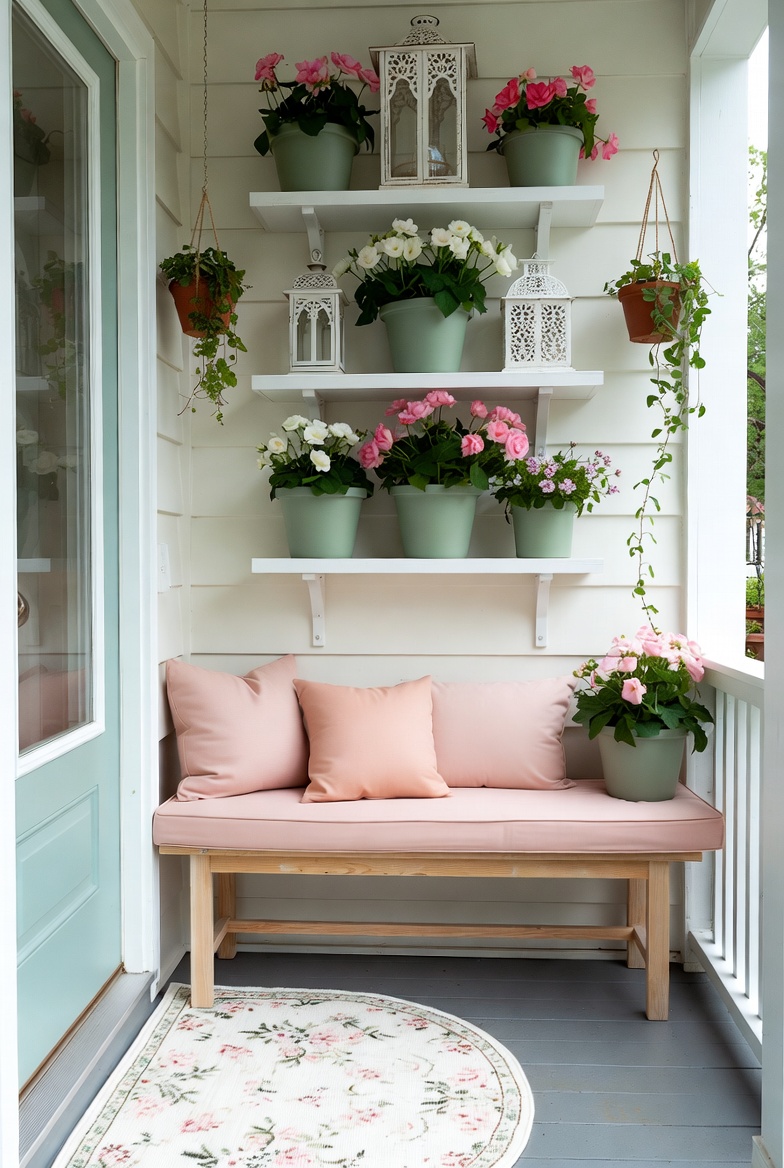 Floating shelves on a small porch displaying spring decor and potted flowers