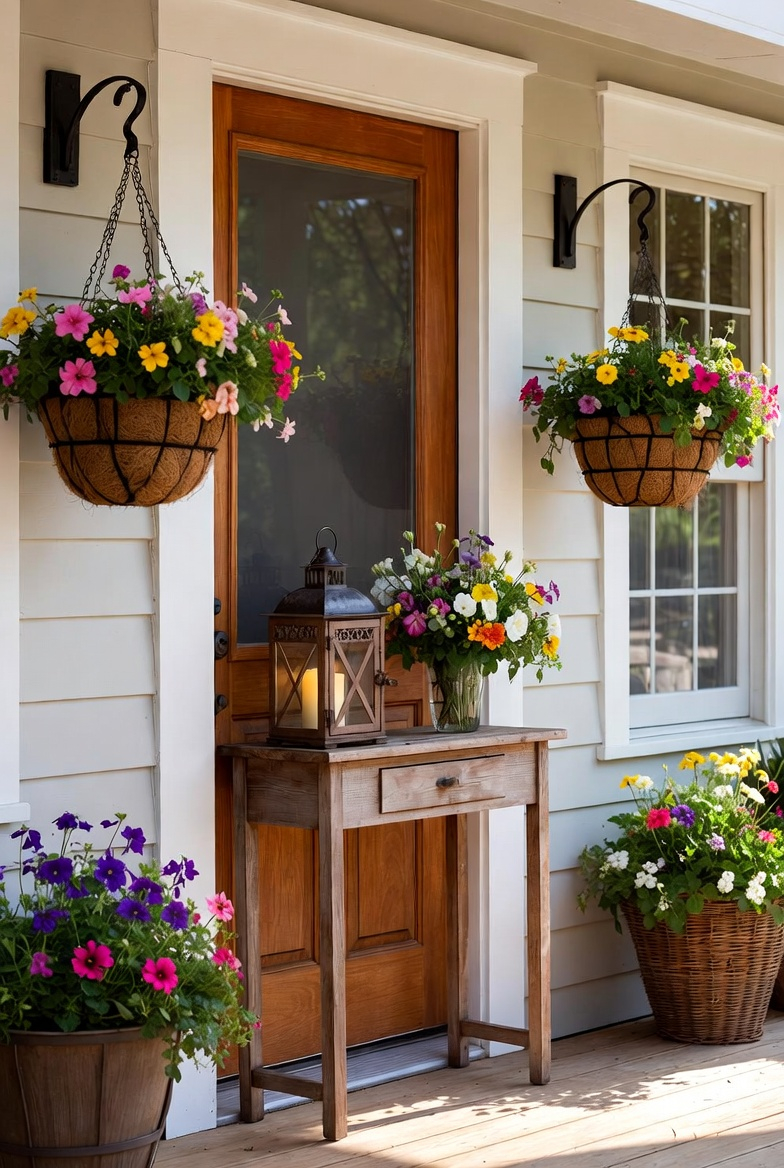 Hanging flower baskets decorating a small front porch for spring.