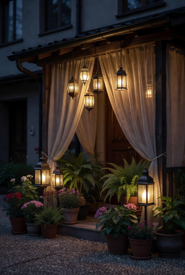Lantern cluster on small porch adds dimension and charm