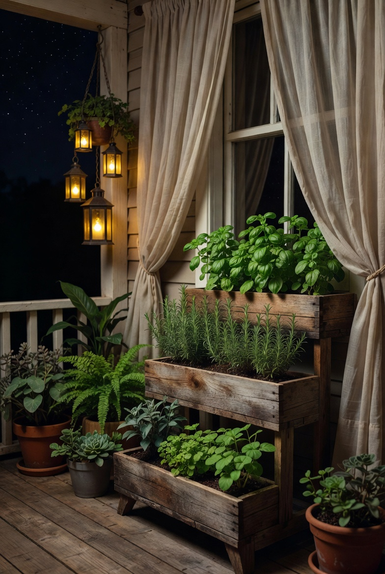 Mini herb garden on small porch adds greenery and function.
