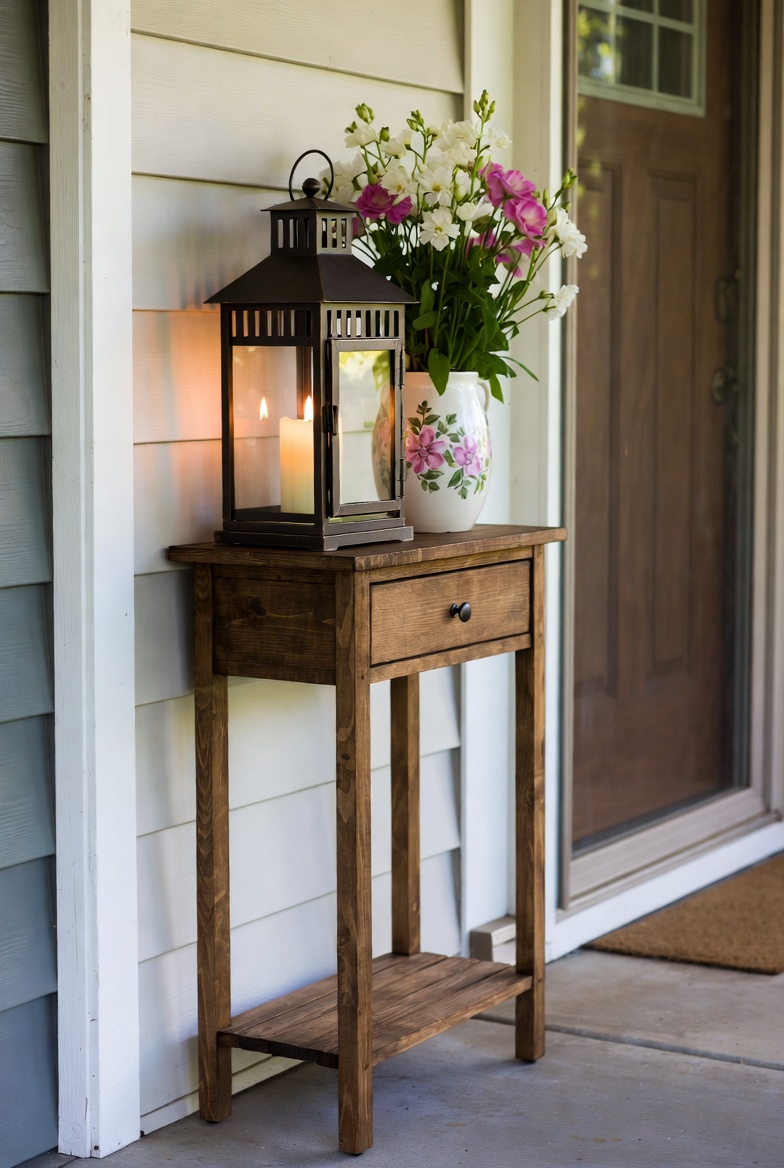 Narrow console table on small porch with spring decorations