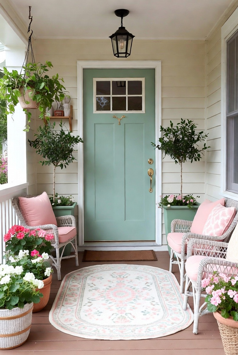 Small front porch with pastel spring color scheme featuring blush cushions and sage planters