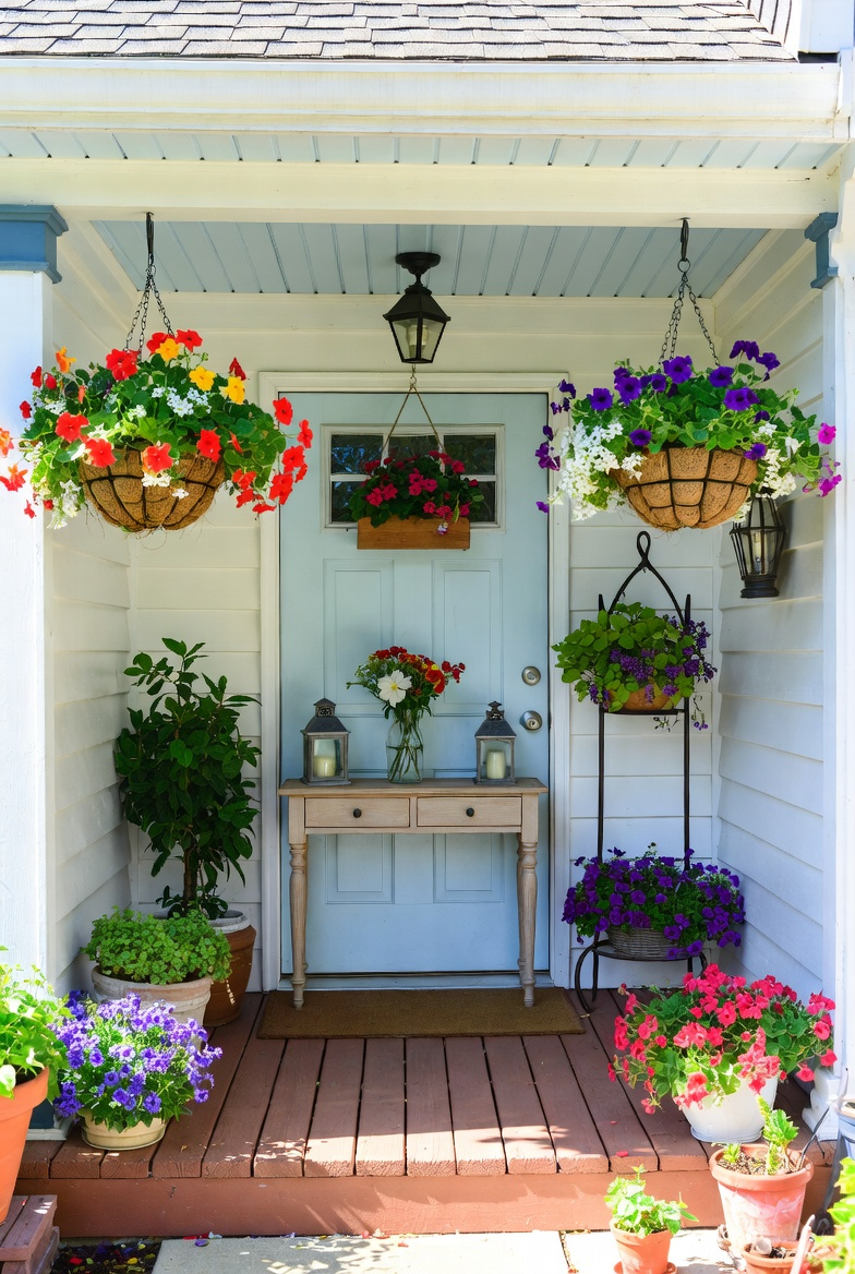 Soft blue ceiling on small front porch enhances airy spring look