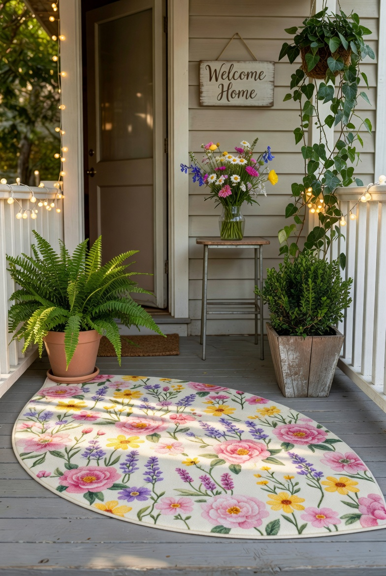 “Small porch featuring a half-moon floral rug and spring planters