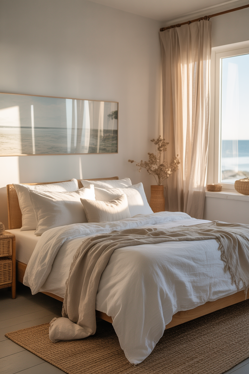 Soft white coastal cottage bedroom with linen bedding and natural light