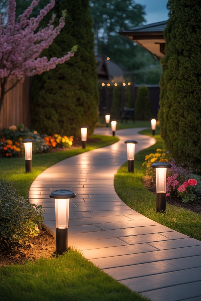 Backyard walkway with solar-powered lights and flower beds at night