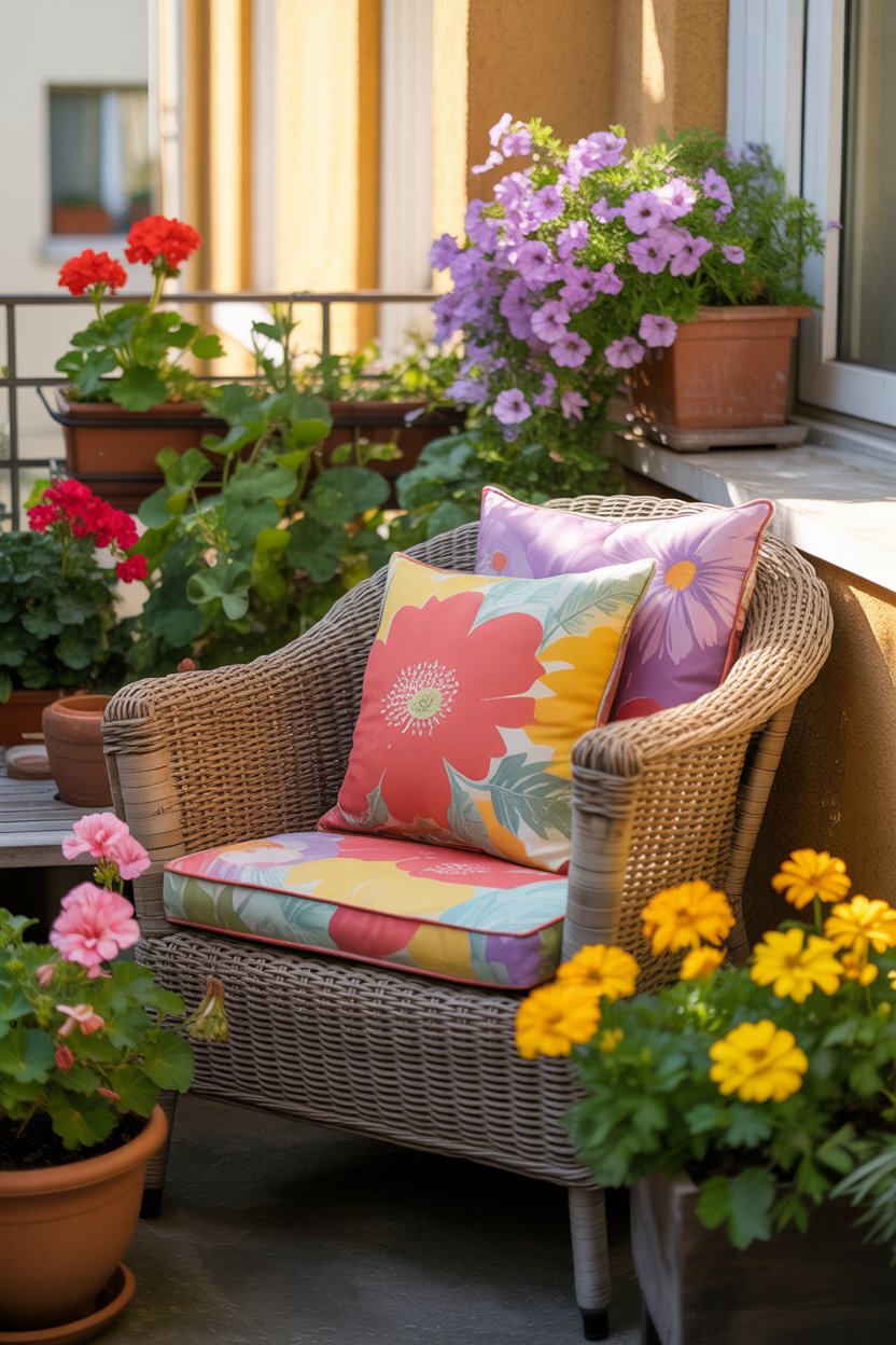 Cozy small balcony with layered colorful cushions and spring flowers