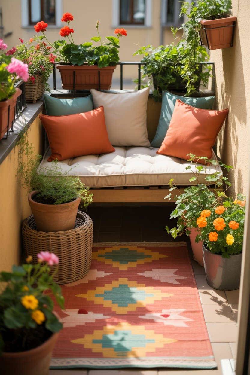 Balcony with a bright patterned outdoor rug and cozy seating