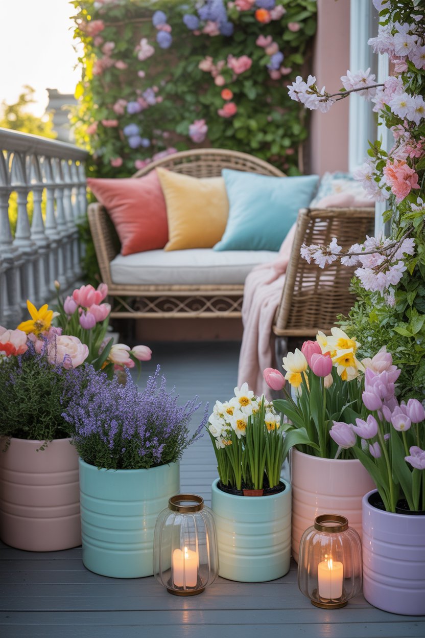 Spring balcony with pastel accents and cozy seating