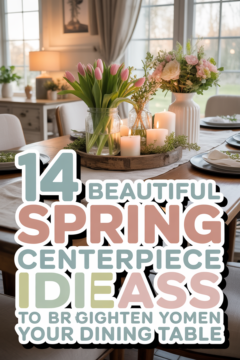 Beautiful spring centerpiece ideas displayed on a bright dining table with fresh flowers, candles, and pastel decor in a cozy sunlit dining room