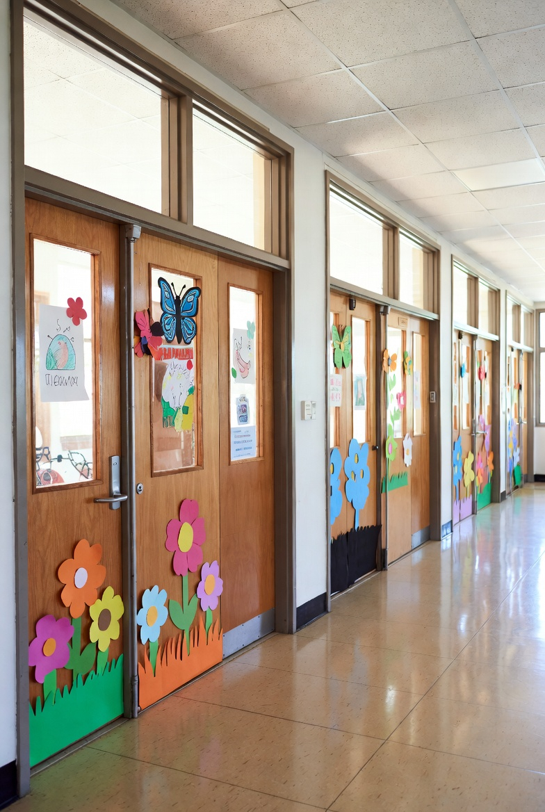 cheerful spring classroom hallway with decorated doors