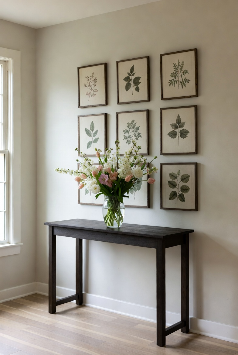 Botanical wall art decorating a spring entryway