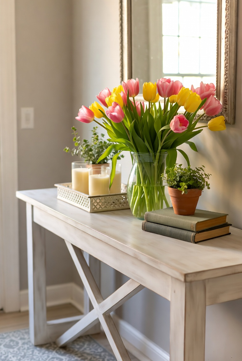 Spring styled entryway console table with flowers and candles