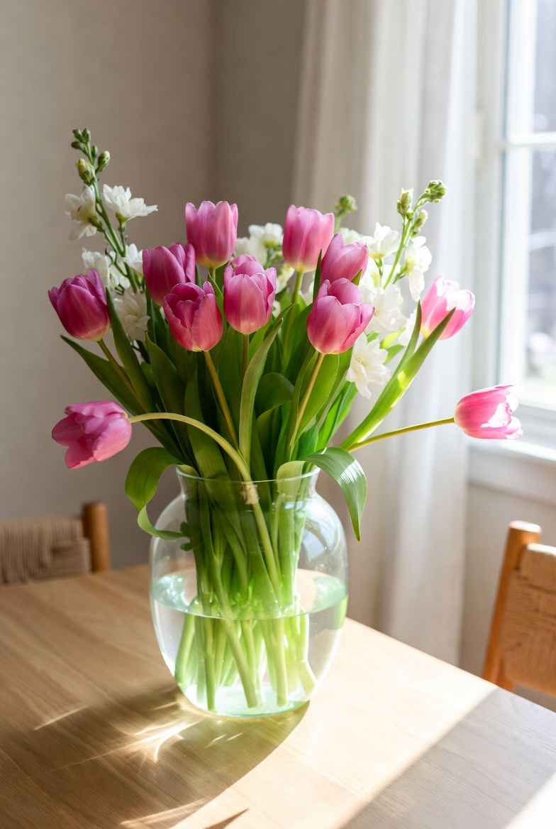 Glass vase with spring tulips decorating an entryway table