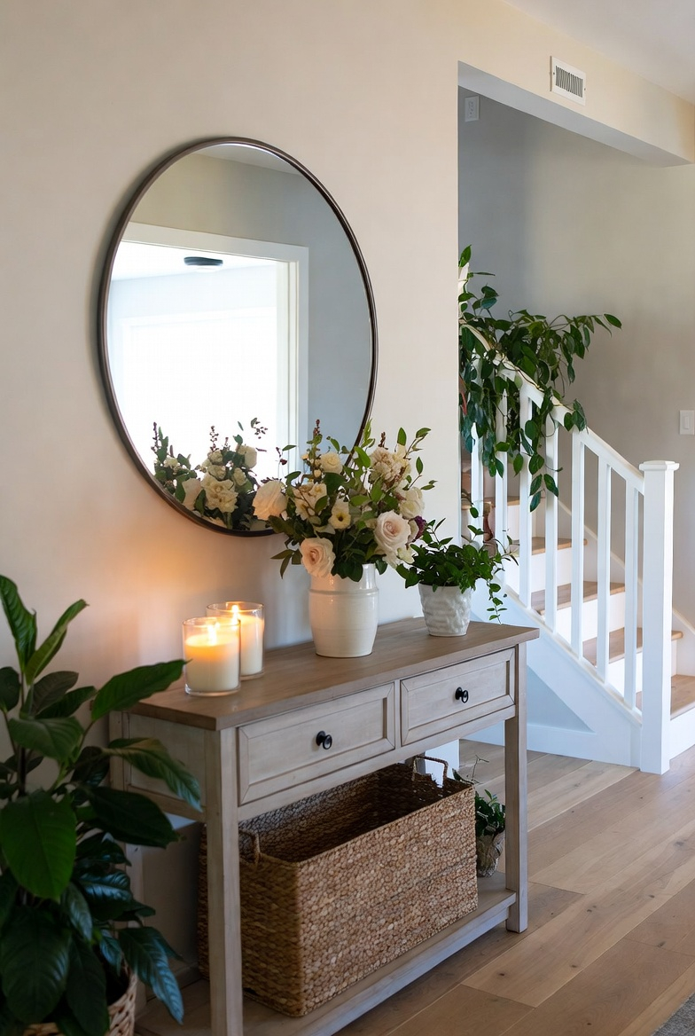 Round mirror above console table in a spring entryway
