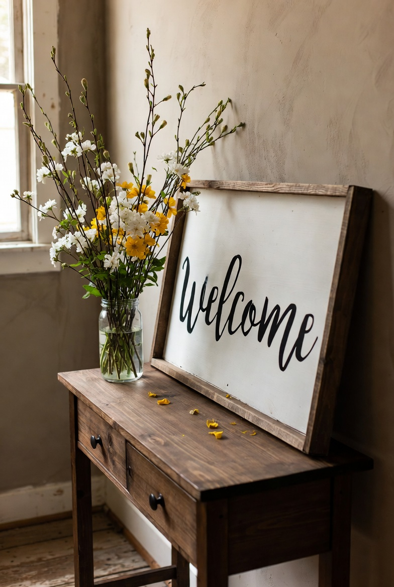 Rustic welcome sign decorating a spring entryway.