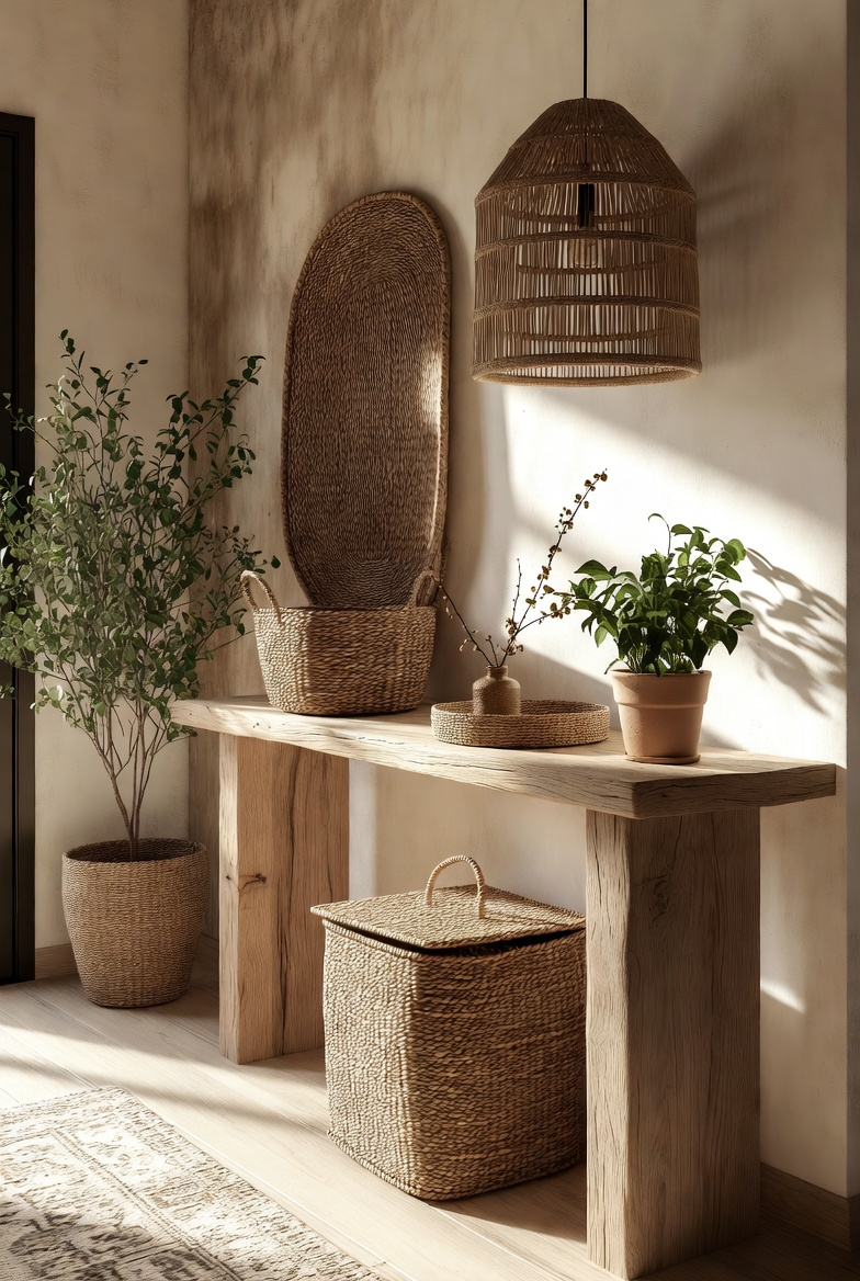 Natural wood and rattan decor in a spring entryway