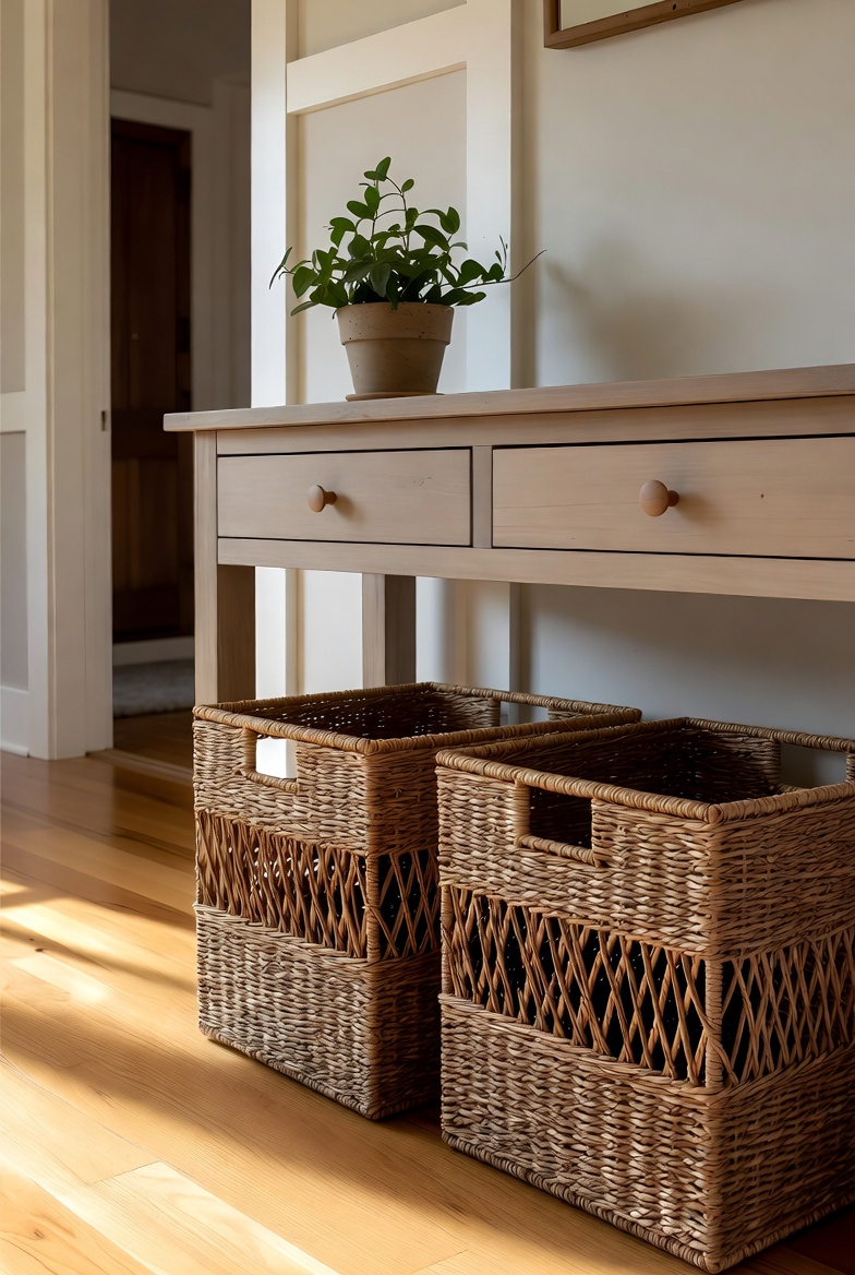 Decorative woven baskets used for storage in a spring entryway