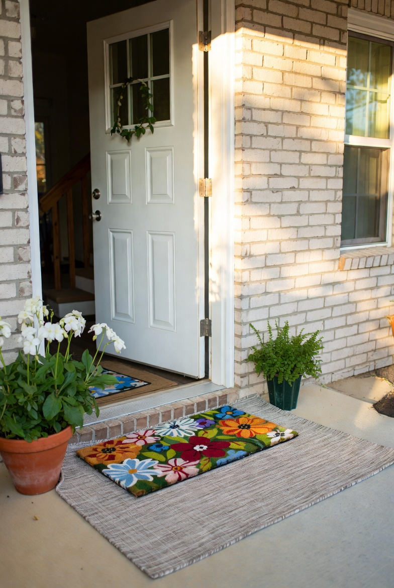 Floral spring doormat decorating a home entrance