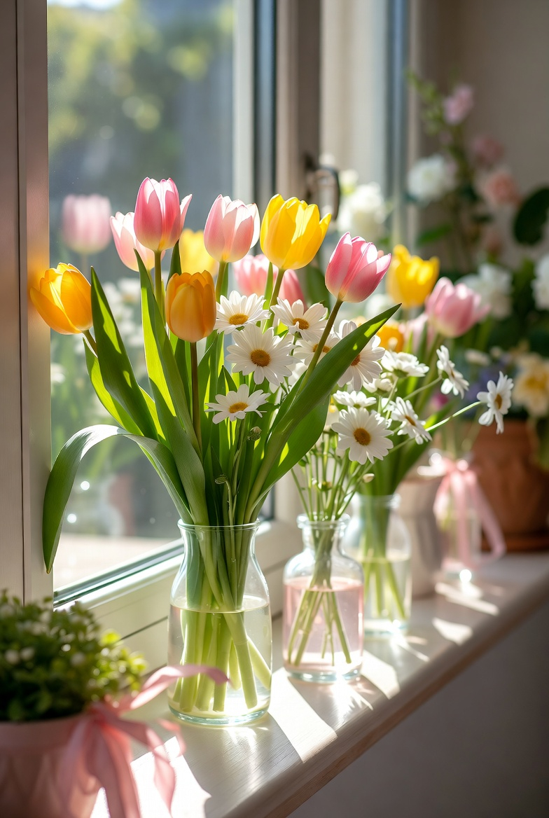 Spring flower arrangement decorating an Easter window
