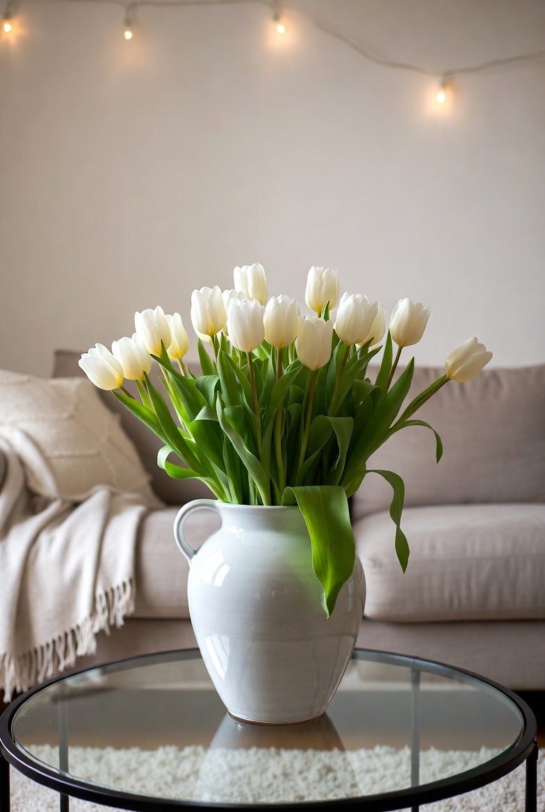 Statement tulip arrangement on a round coffee table