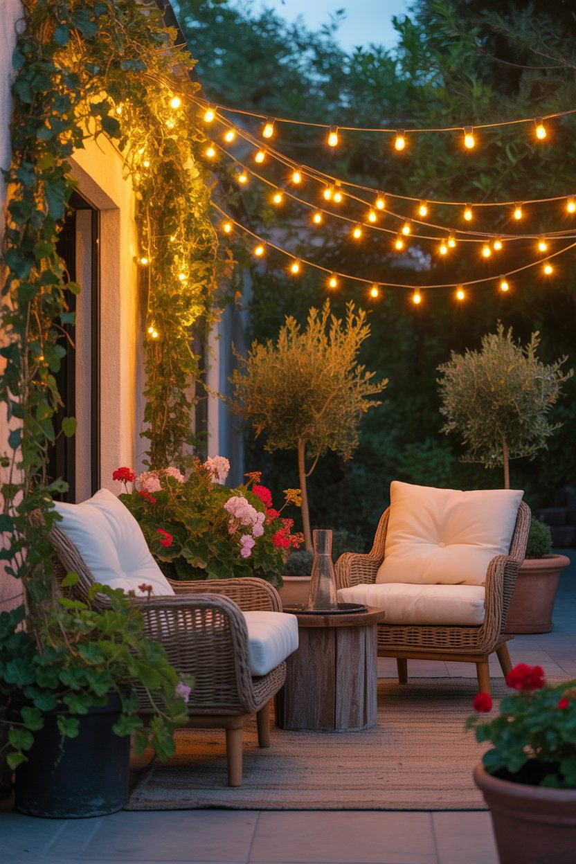 Small backyard patio with warm string lights and potted plants