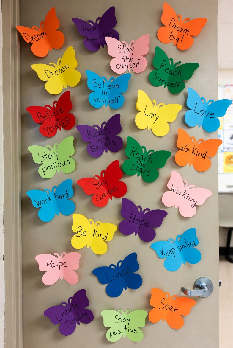 classroom door decorated with student butterfly wishes