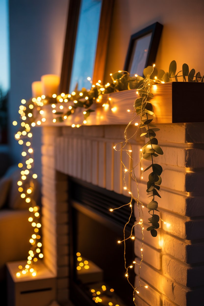 Warm fairy lights wrapped around greenery on minimalist spring mantel