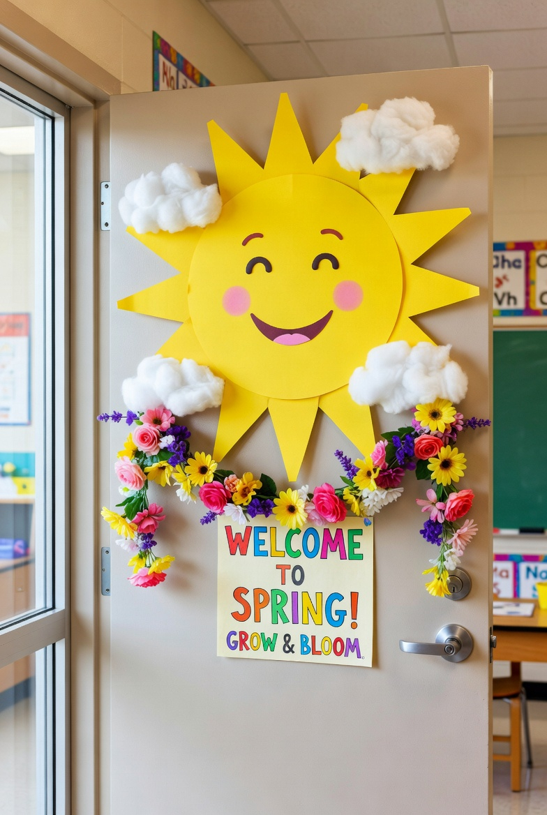 spring classroom door decorated with a smiling sun and rays