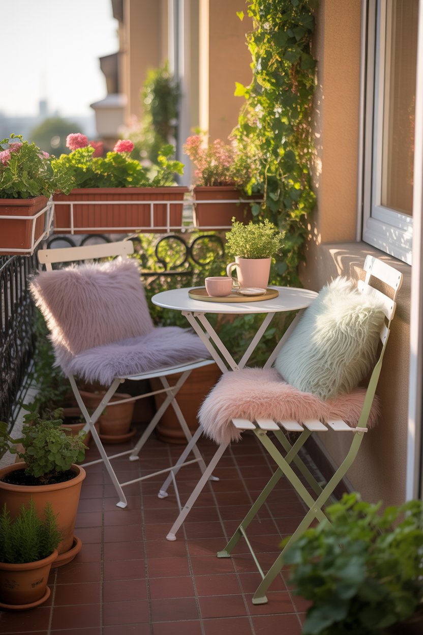 Small balcony with foldable bistro table and chairs, pastel cushions, morning sunlight, potted plants nearby