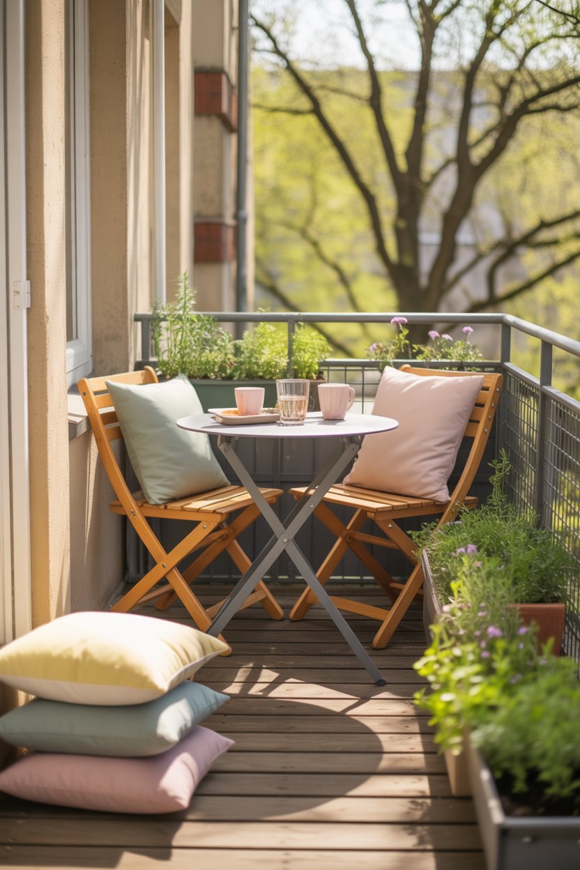 Small apartment balcony with foldable furniture for spring decor