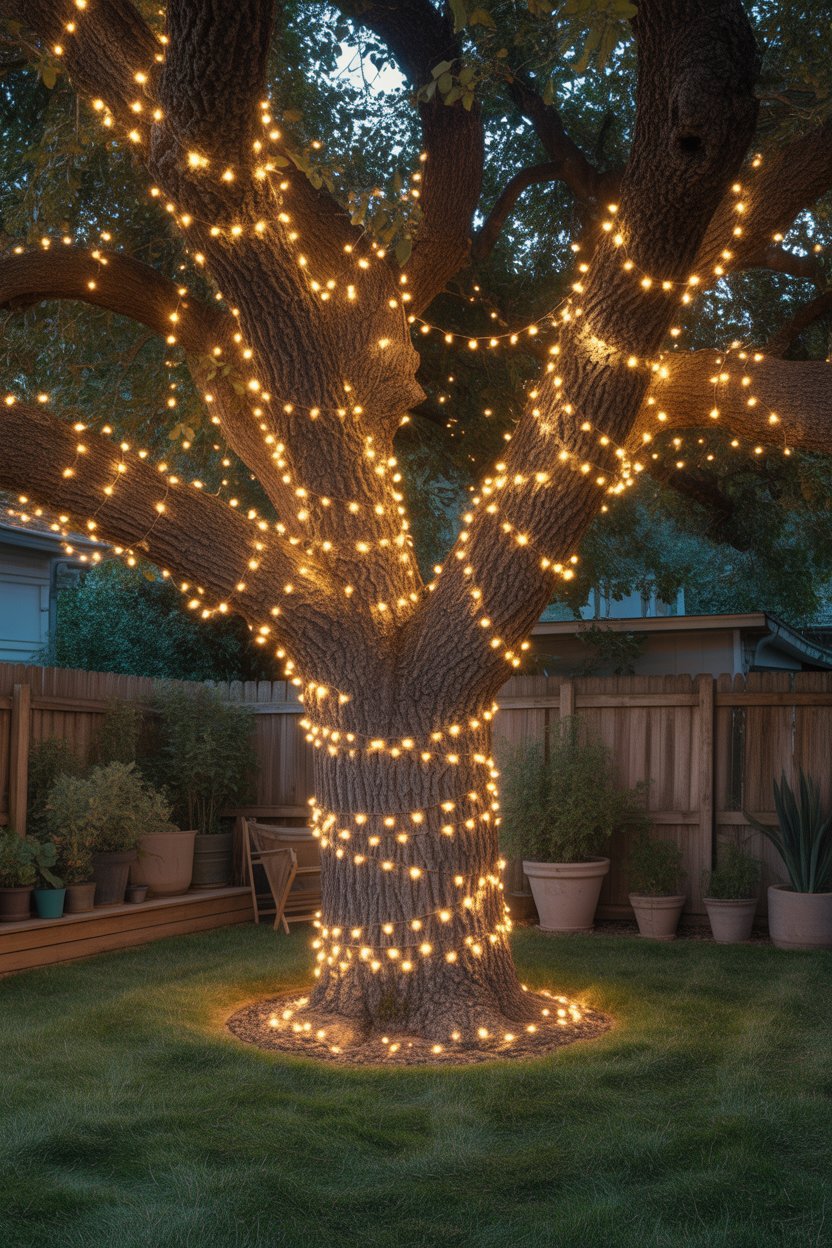 Tree in backyard wrapped in fairy lights, glowing warmly at night