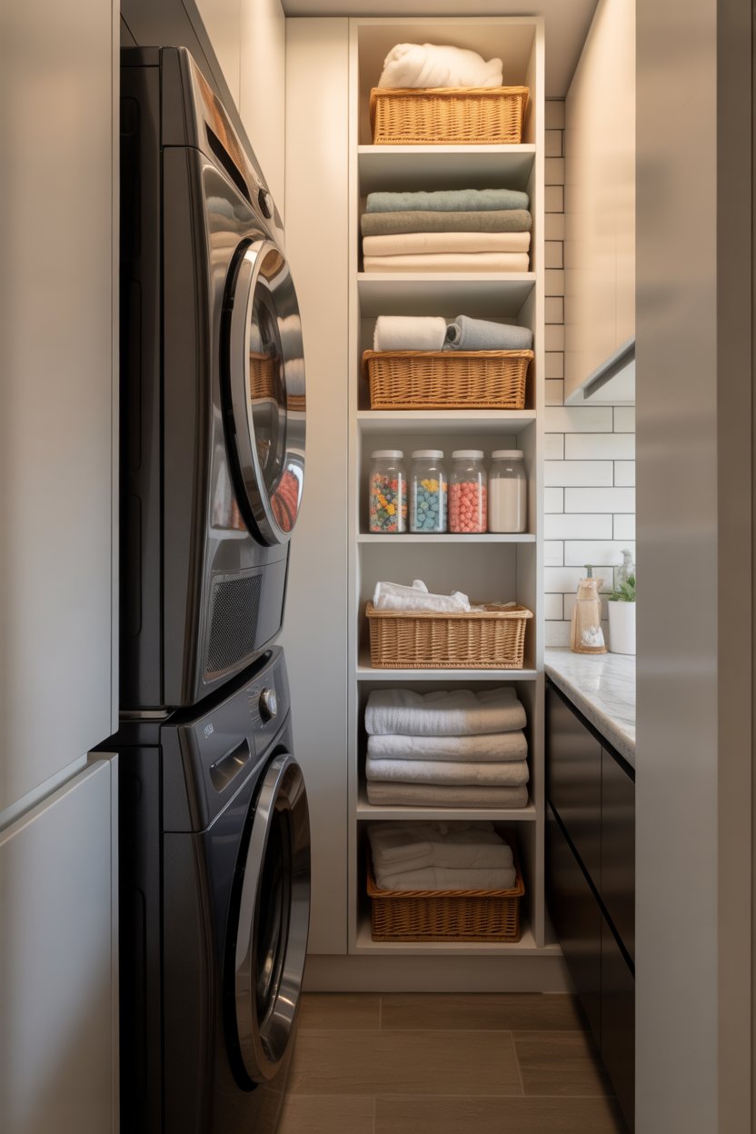 Tall vertical shelving unit in a small laundry room with baskets, towels, and detergent containers
