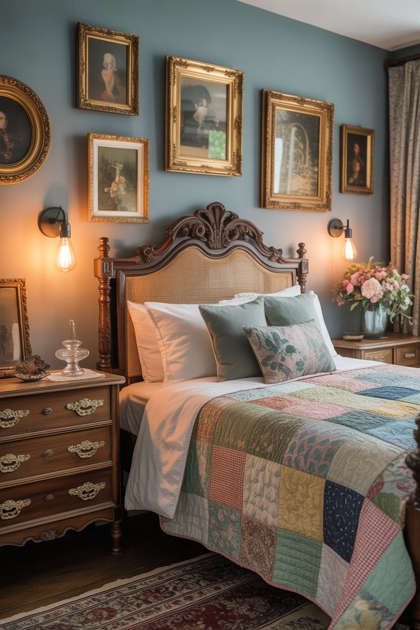 Vintage antique charm guest bedroom with carved wood headboard, patchwork quilt, and warm nostalgic decor