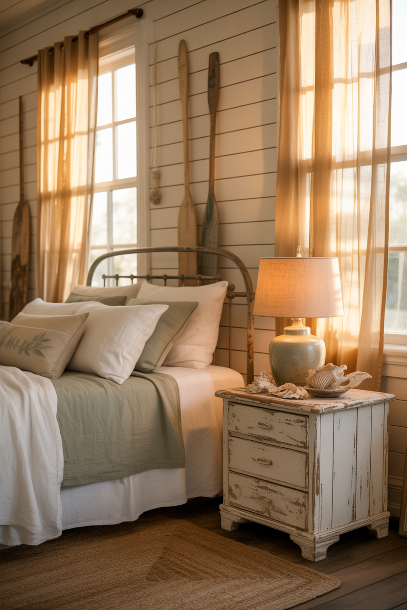 Vintage coastal bedroom with antique-style decor