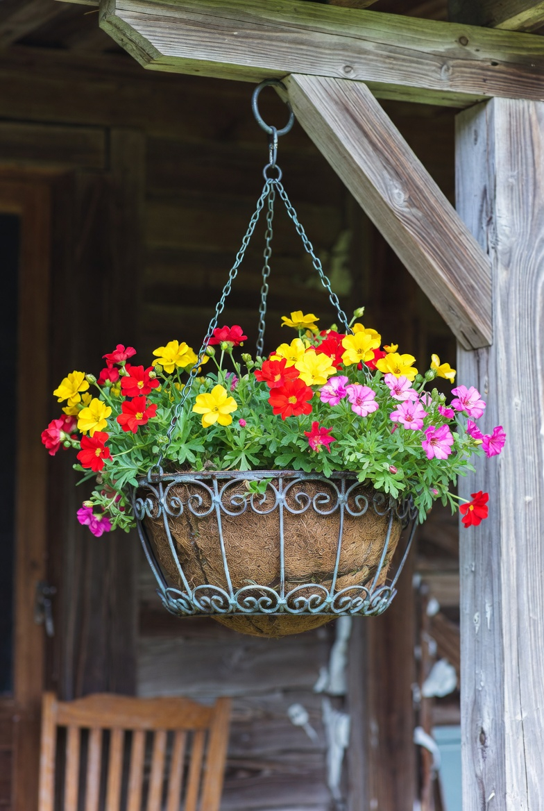 Vintage metal hanging flower basket on the porch