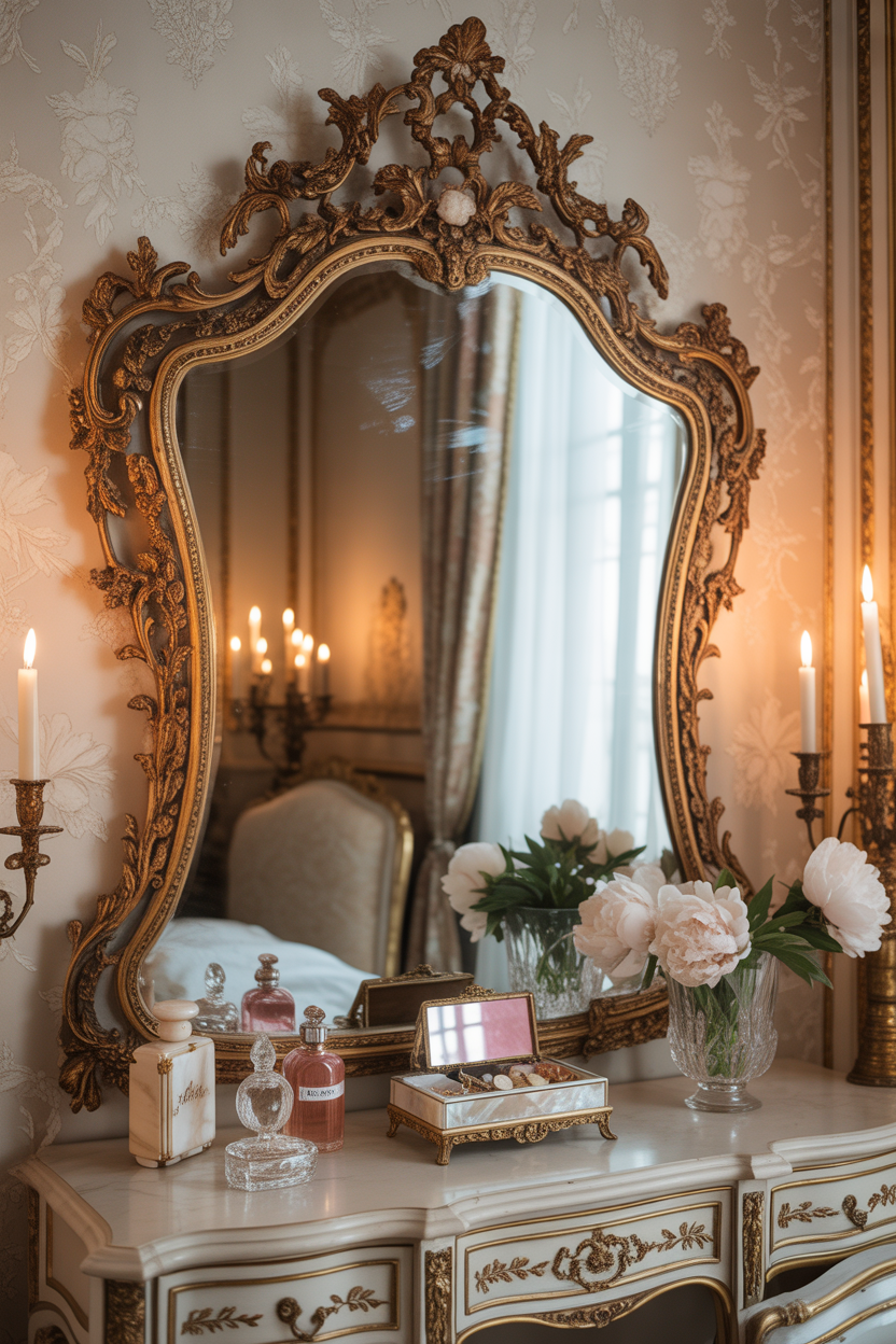vintage mirror in French country bedroom