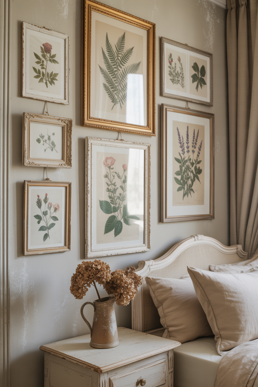 vintage wall art gallery in French cottage bedroom