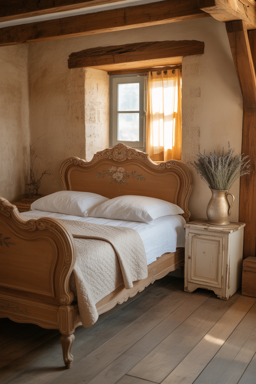 vintage wooden bed in French country cottage bedroom