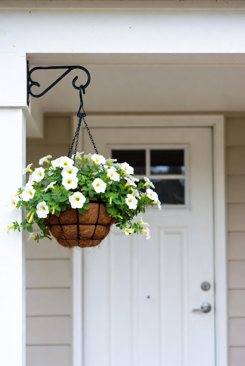 White flower hanging basket decorating a modern porch