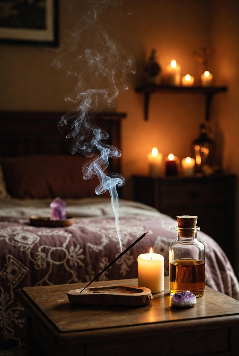 Aromatherapy setup in a witchy bedroom