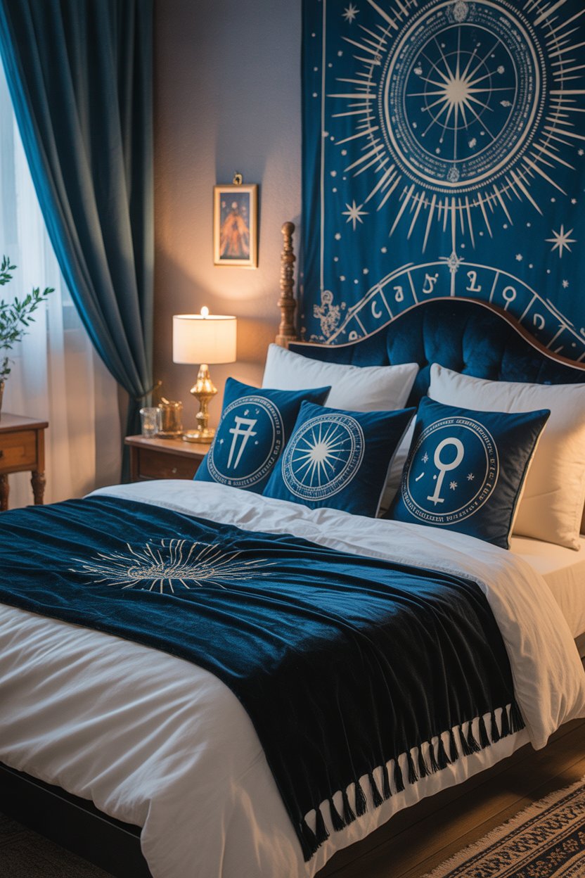 Enchanting witchy bed décor with mystical pillows and blankets