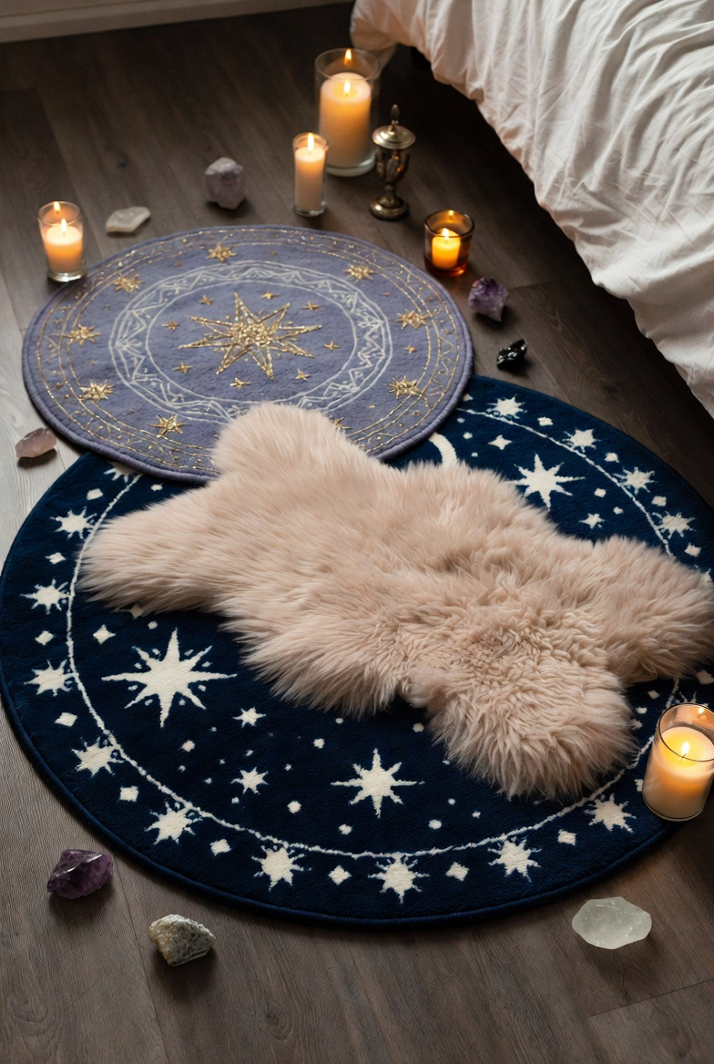 Witchy bedroom rugs with celestial patterns