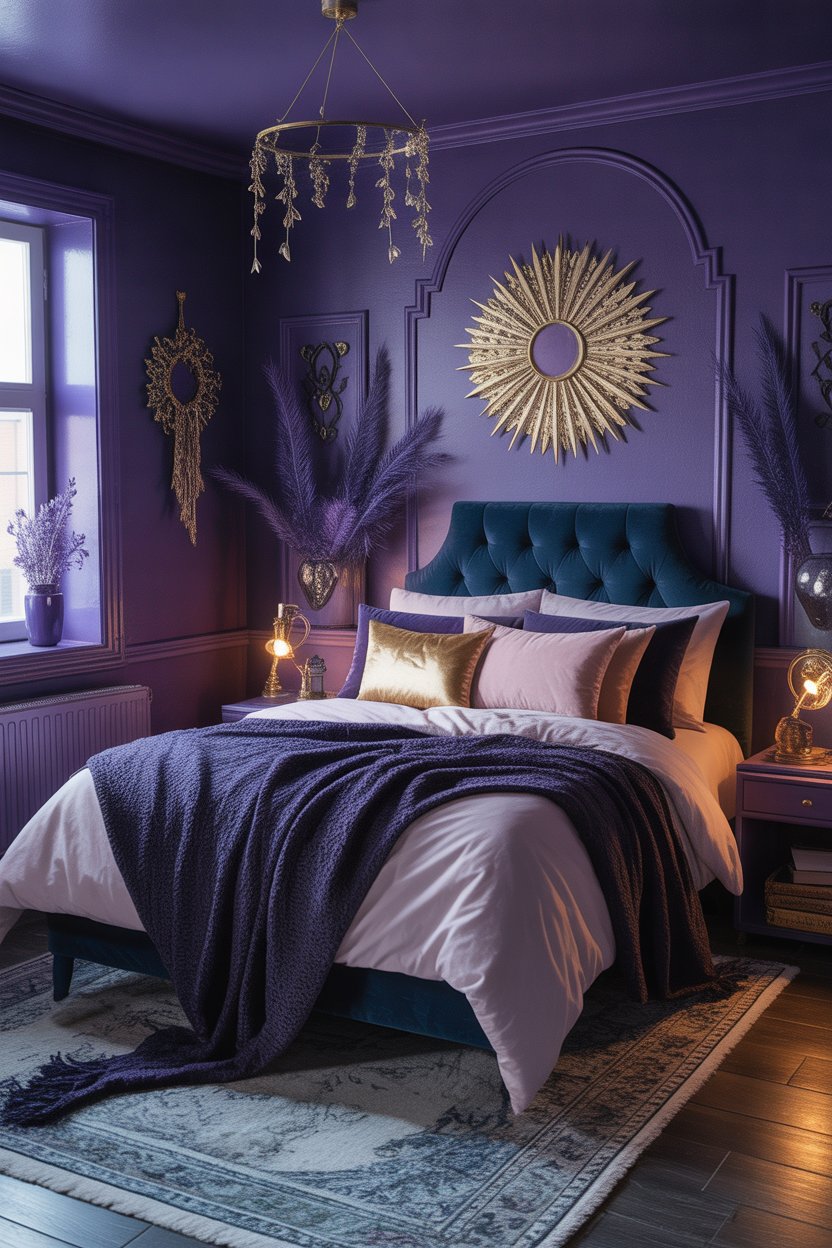 Witchy bedroom color palette with deep purples, blues, and gold accents